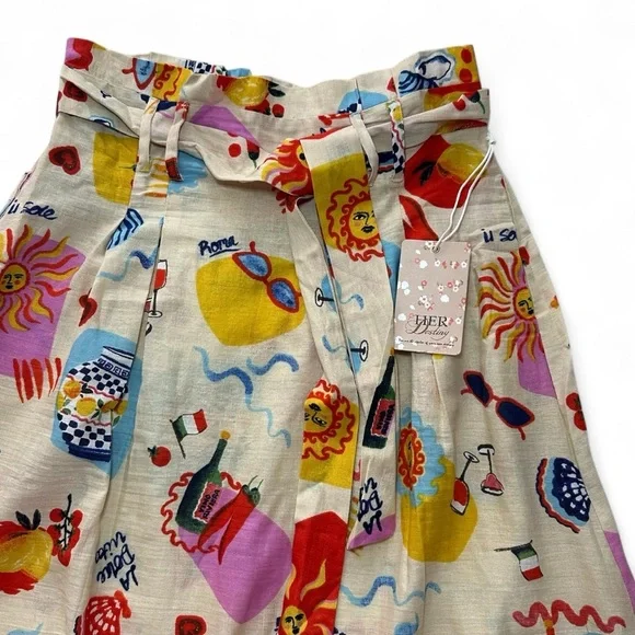 Her Destiny Dolce Vita Print Skirt Linen Blend Italy Inspired NWT LARGE - Picture 2 of 5